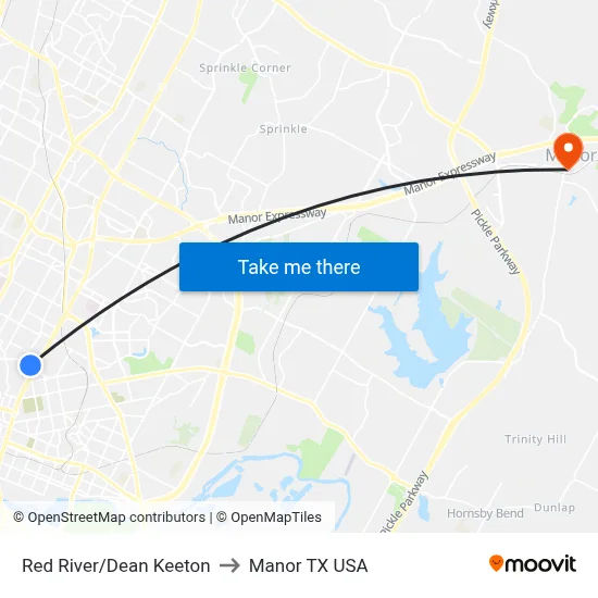 Red River/Dean Keeton to Manor TX USA map
