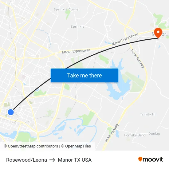 Rosewood/Leona to Manor TX USA map