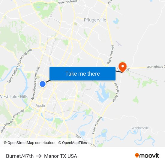 Burnet/47th to Manor TX USA map