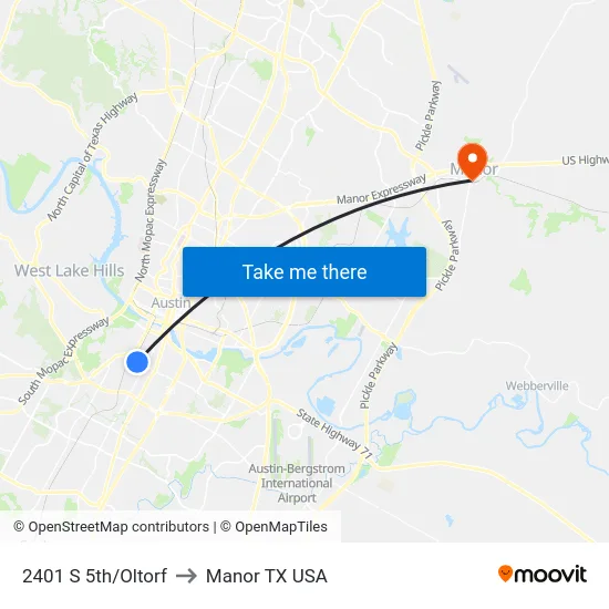 2401 S 5th/Oltorf to Manor TX USA map