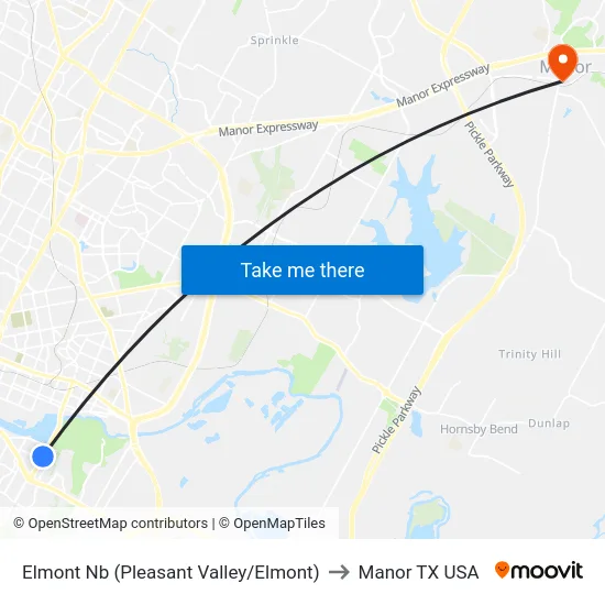 Elmont Nb (Pleasant Valley/Elmont) to Manor TX USA map