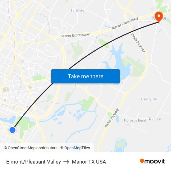 Elmont/Pleasant Valley to Manor TX USA map