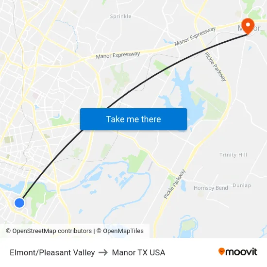 Elmont/Pleasant Valley to Manor TX USA map