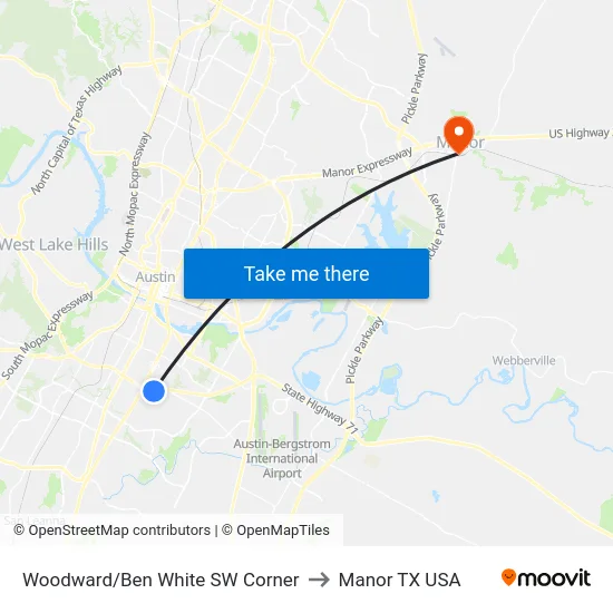 Woodward/Ben White SW Corner to Manor TX USA map