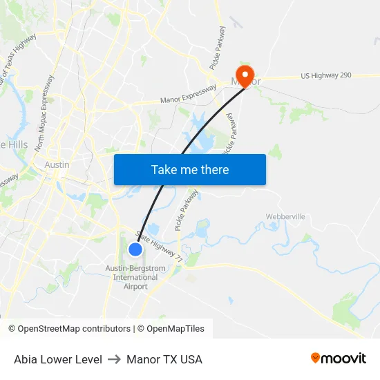 Abia Lower Level to Manor TX USA map