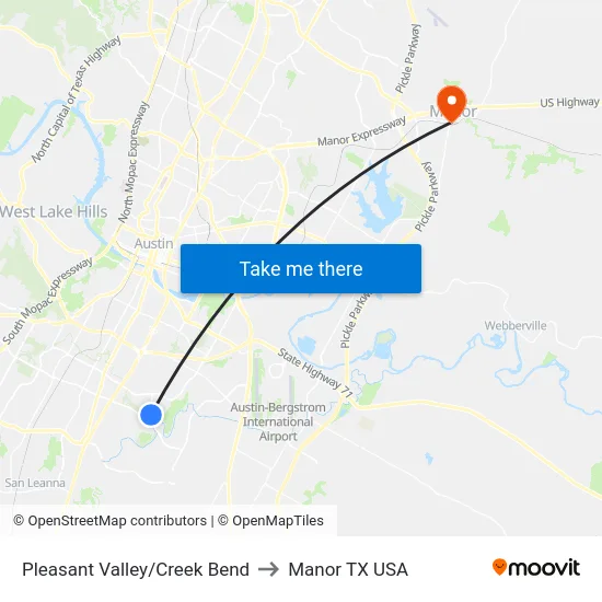 Pleasant Valley/Creek Bend to Manor TX USA map