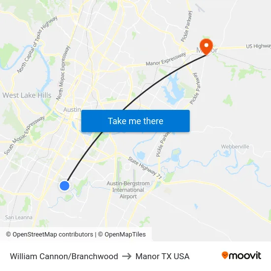 William Cannon/Branchwood to Manor TX USA map
