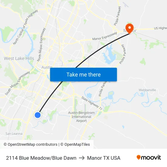 2114 Blue Meadow/Blue Dawn to Manor TX USA map