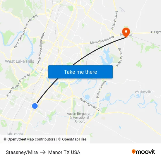 Stassney/Mira to Manor TX USA map