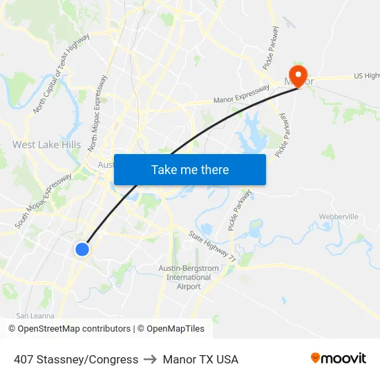 407 Stassney/Congress to Manor TX USA map