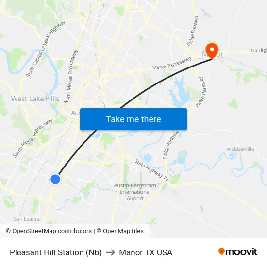 Pleasant Hill Station (Nb) to Manor TX USA map