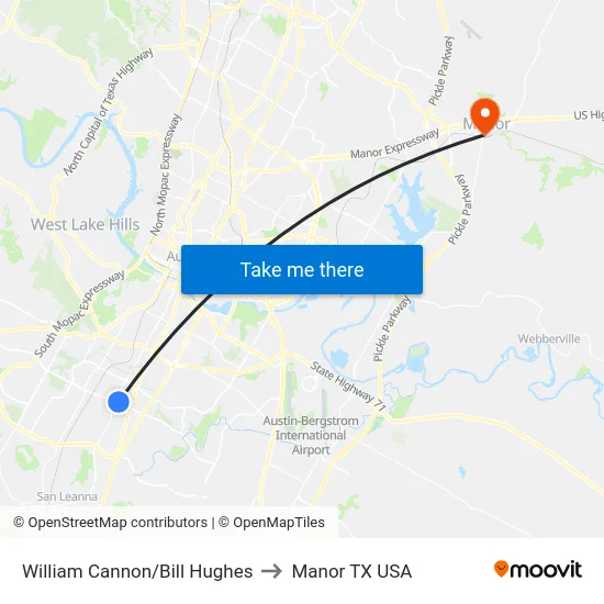 William Cannon/Bill Hughes to Manor TX USA map