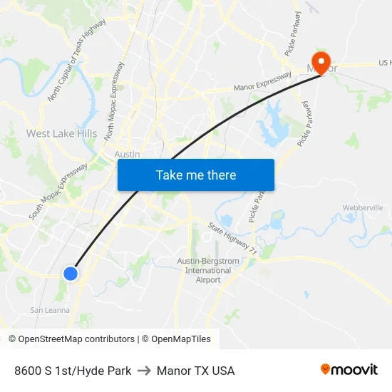 8600 S 1st/Hyde Park to Manor TX USA map