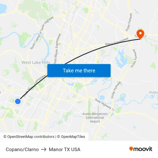 Copano/Clarno to Manor TX USA map