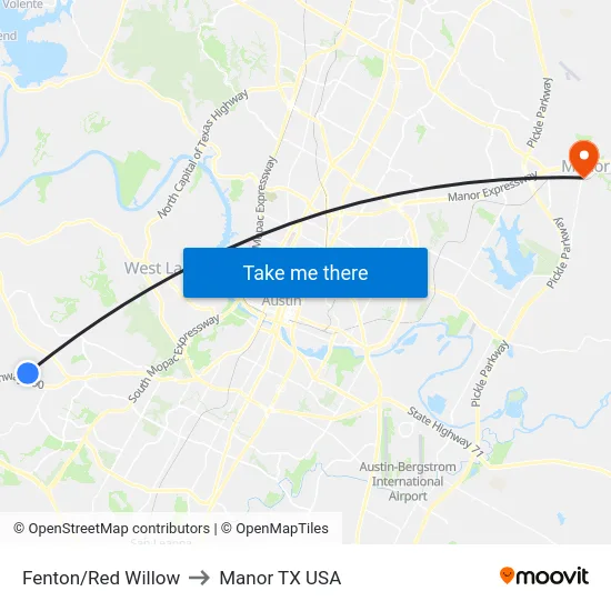 Fenton/Red Willow to Manor TX USA map