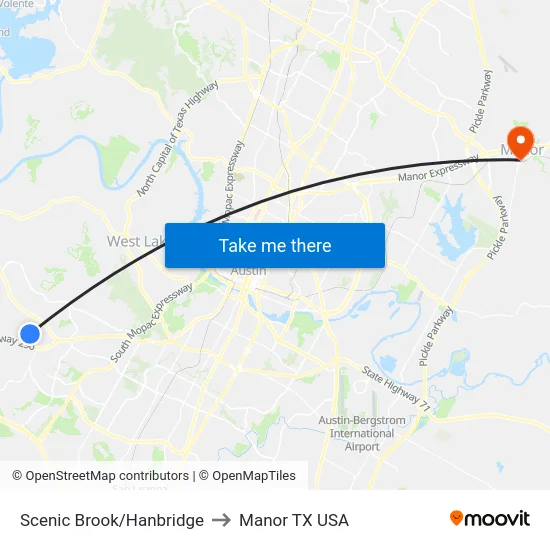 Scenic Brook/Hanbridge to Manor TX USA map