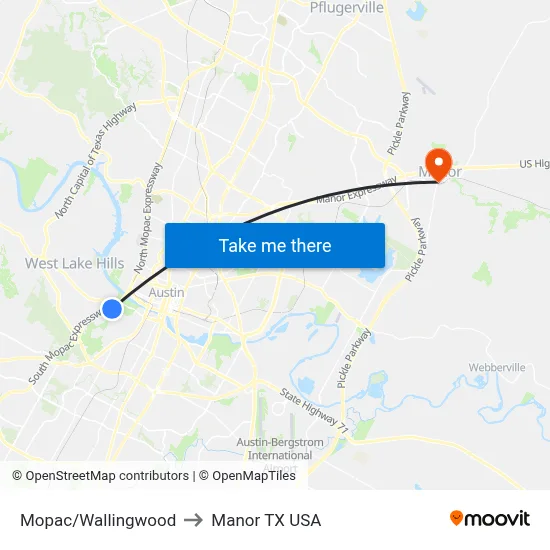 Mopac/Wallingwood to Manor TX USA map