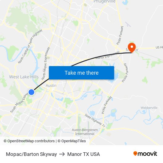 Mopac/Barton Skyway to Manor TX USA map