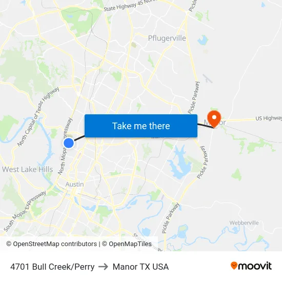 4701 Bull Creek/Perry to Manor TX USA map