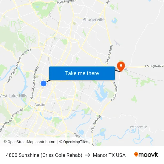 4800 Sunshine (Criss Cole Rehab) to Manor TX USA map