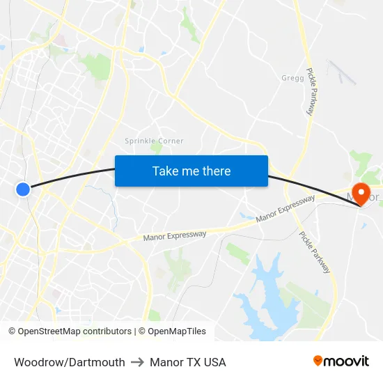 Woodrow/Dartmouth to Manor TX USA map
