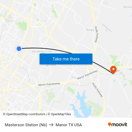 Masterson Station (Nb) to Manor TX USA map