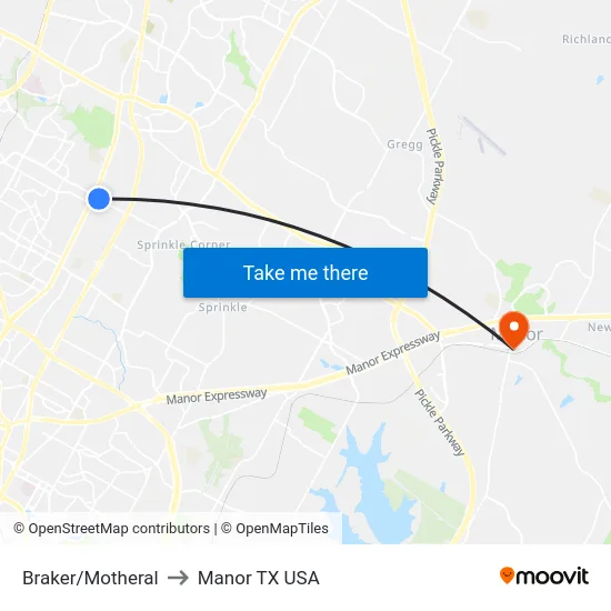 Braker/Motheral to Manor TX USA map