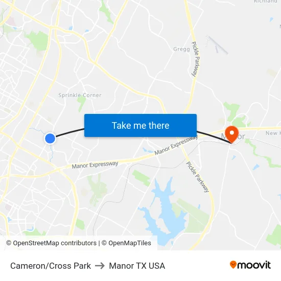 Cameron/Cross Park to Manor TX USA map