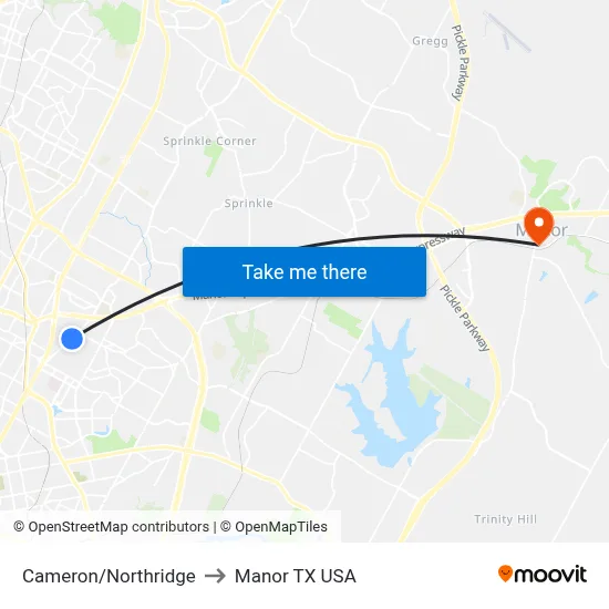 Cameron/Northridge to Manor TX USA map