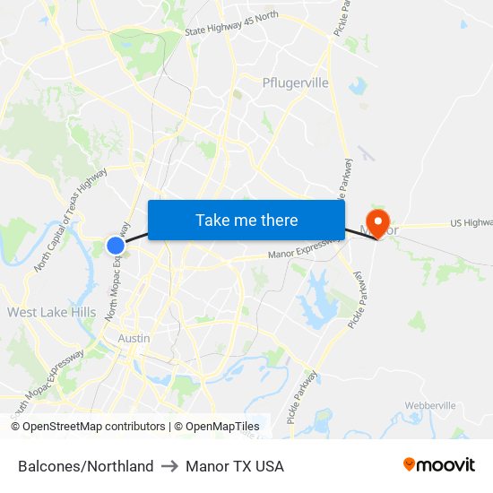 Balcones/Northland to Manor TX USA map