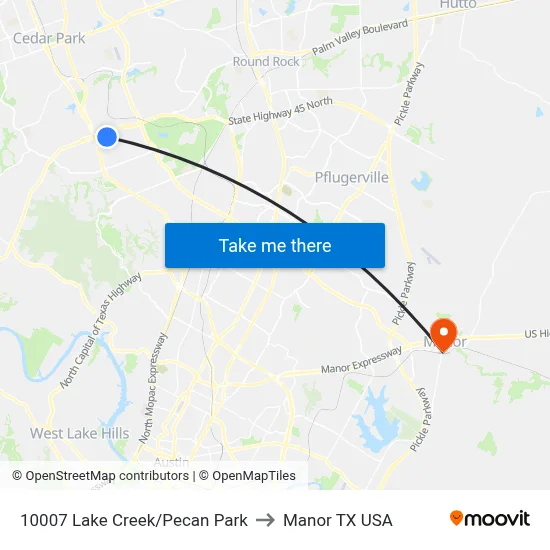 10007 Lake Creek/Pecan Park to Manor TX USA map
