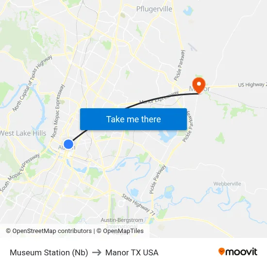 Museum Station (Nb) to Manor TX USA map
