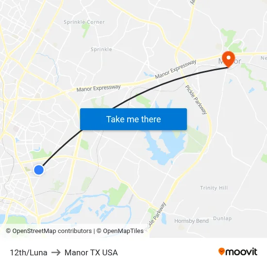 12th/Luna to Manor TX USA map