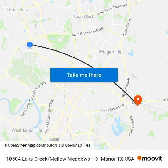 10504 Lake Creek/Mellow Meadows to Manor TX USA map