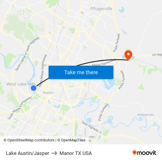 Lake Austin/Jasper to Manor TX USA map