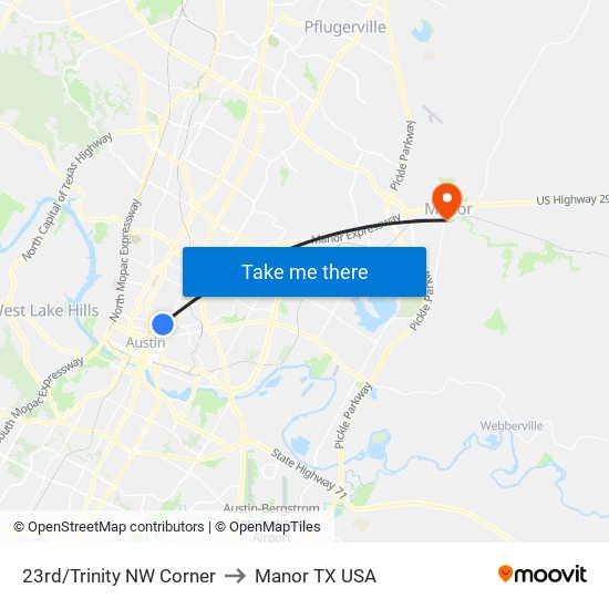 23rd/Trinity NW Corner to Manor TX USA map