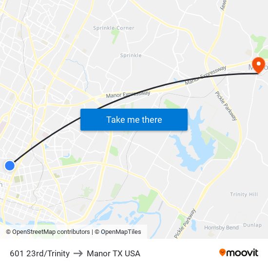 601 23rd/Trinity to Manor TX USA map