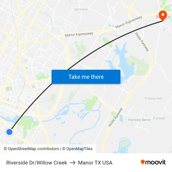 Riverside Dr/Willow Creek to Manor TX USA map