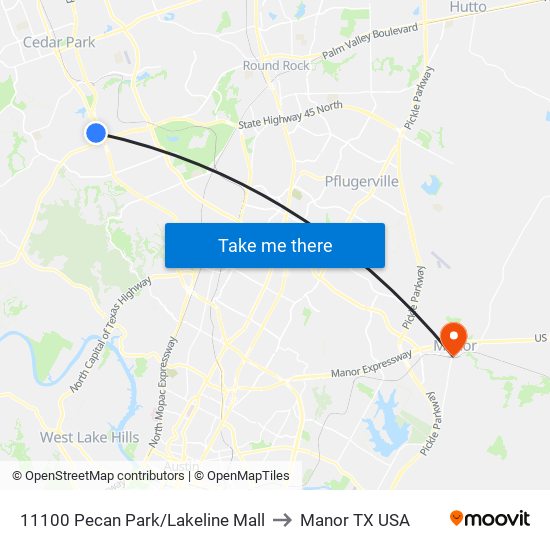 11100 Pecan Park/Lakeline Mall to Manor TX USA map