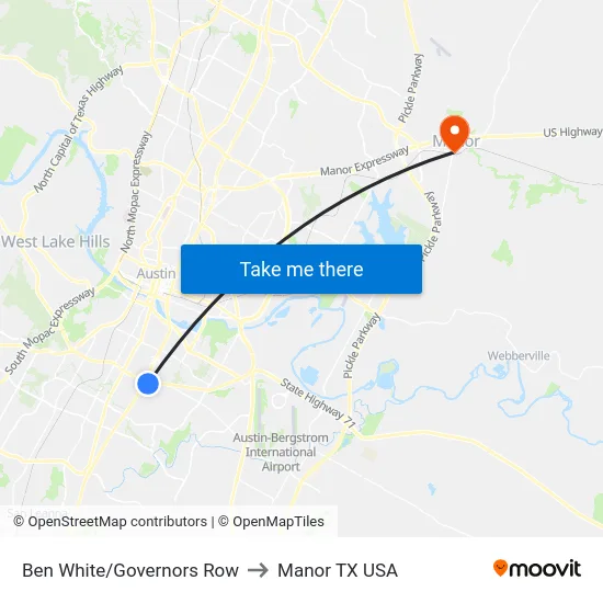 Ben White/Governors Row to Manor TX USA map