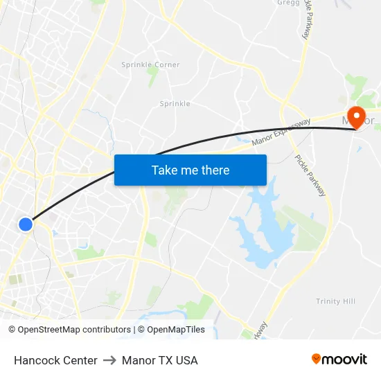 Hancock Center to Manor TX USA map