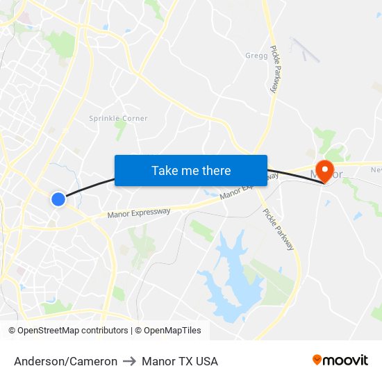 Anderson/Cameron to Manor TX USA map