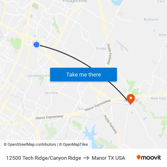 12500 Tech Ridge/Canyon Ridge to Manor TX USA map