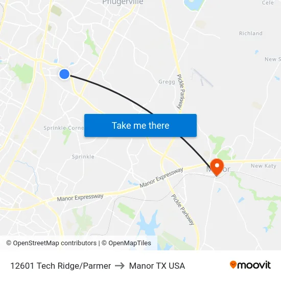 12601 Tech Ridge/Parmer to Manor TX USA map