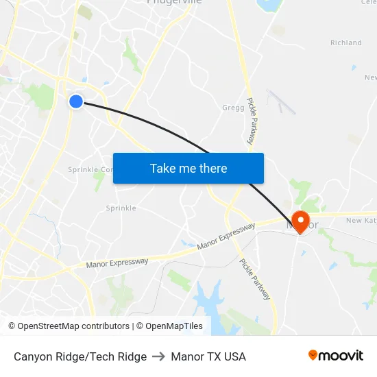 Canyon Ridge/Tech Ridge to Manor TX USA map