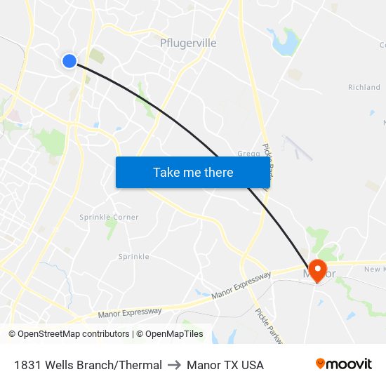 1831 Wells Branch/Thermal to Manor TX USA map