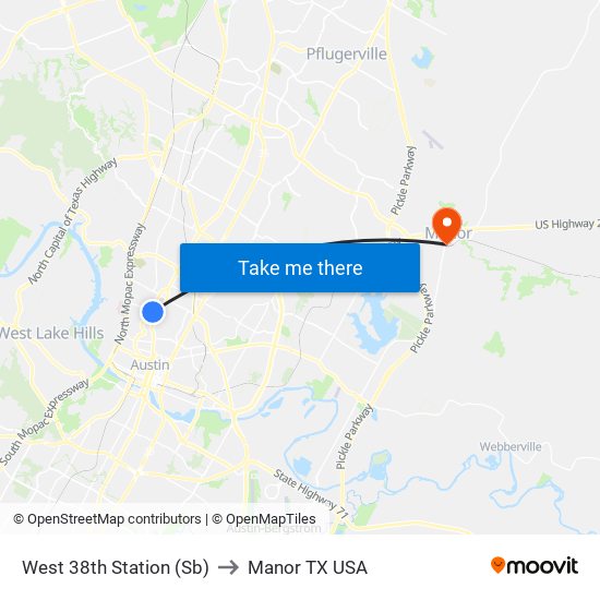 West 38th Station (Sb) to Manor TX USA map