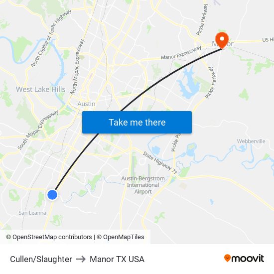 Cullen/Slaughter to Manor TX USA map