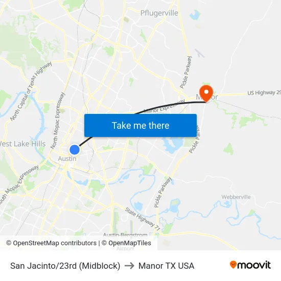 San Jacinto/23rd (Midblock) to Manor TX USA map