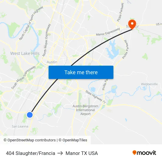 404 Slaughter/Francia to Manor TX USA map